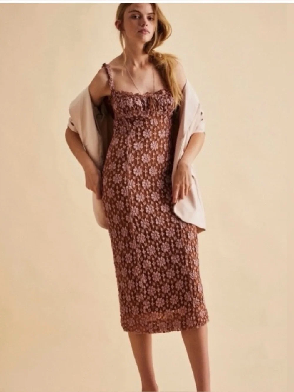 Free People Lucinda Lace Pink and Ginger Back Lace-Up Midi Dress NWT Sz M - Picture 2 of 12